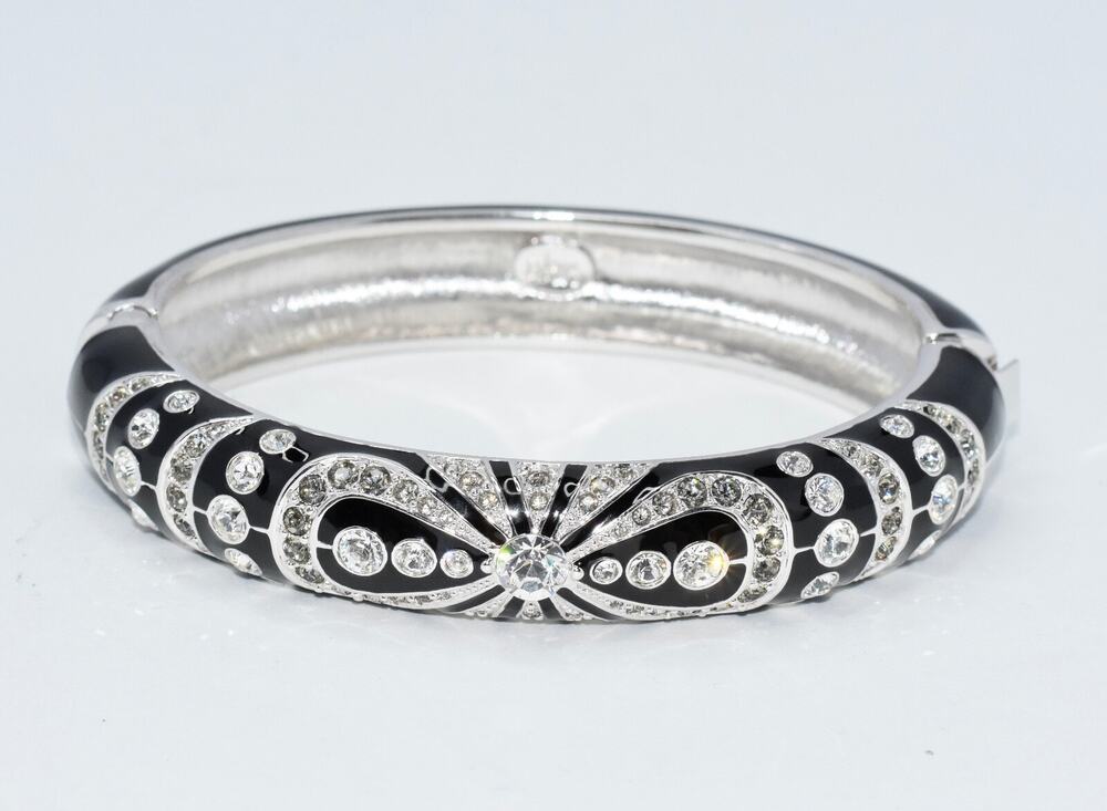 Joan Rivers Black Enamel Rhinestone Silver Tone Hinged Bangle Bracelet - Vintage